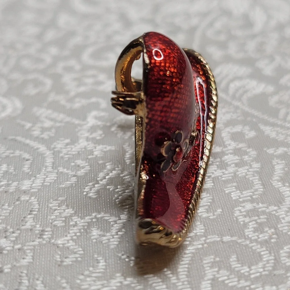 Vintage Gold Ruby Red Hat‎ Society Brooch Enamel Floral Pendant Gift